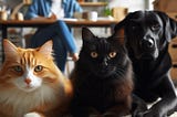 AI image of two cats and one black lab looking into the camera. a lady at a writing desk in the background