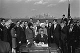 Lyndon B. Johnson signing the 1965 Hart-Celler Immigration Act. Credit: LBJ Library photo by Yoichi Okamoto