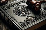 An image of an ornate law book with the scales of justice embossed on the cover and a gavel lying on top of it.