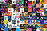 About 100 different podcast cover artworks arranged in a grid
