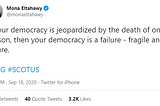 Mona Eltahawy tweet reading “if your democracy is jeopardized by the death of one person, then your democracy is a failure”