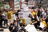 Reader staffers, former staffers, and freelance contributors rally outside Len Goodman’s home on April 21. (credit: Michelle Kanaar)