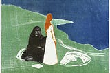 A painting of two figures standing on green land beside blue water