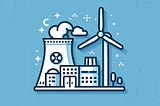 A stylized nuclear power plant and wind turbine