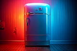 a creepy 50’s style refrigerator against a blank wall in a room bathed in neon lights