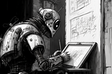 Illustration of a robot sitting at a desk drawing an image