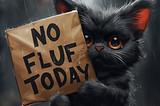 A cat holding a sign that says, “NO FLUF TODAY.” Image produced using Midjourney