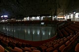 Photo of Trail’s Cominco Arena early in the morning with the lights out.