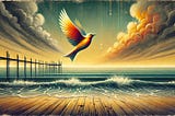 This artwork depicts a vivid, dreamlike seascape. A glowing bird with fiery orange, red, and golden feathers soars gracefully over calm, teal-blue waves. The horizon blends into a surreal, golden sky, streaked with soft clouds that seem to drip like paint. A wooden pier extends into the water, adding depth. The foreground features a textured boardwalk, amplifying the serene, surreal beauty.