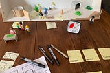 My desk with a model of a museum, some Playmobil, sticky-notes, markers and a timer