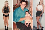 Three photos show the same woman at various stages in life looking directly at the camera. In the first photo, she is slim and tall, wearing skimpy black leather shorts, a vest, and ankle boots. Her platinum blonde hair is long and shiny. In the second photo, she is obese and holding a newborn baby. She has brown hair tied in a scrunchie, and she is wearing glasses, a green top, and a black skirt. Lastly, she is slim and athletic, wearing a brown mini-skirt and white singlet top.