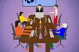 A group of five people sit around the table in a business meeting.