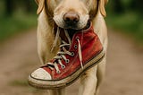 A yellow Labrador retriever stands on a path holding a worn red Converse shoe in its mouth, suggesting a story of loyalty, loss, and unexpected rescue.