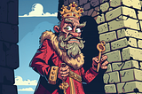 An old king scowls across the screen. His eyes slant left. He clutches a massive, ornate key in each hand.