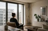 A woman sits quietly in a modern minimalist apartment, looking out through large windows while subtle mold stains appear in the corner of the room, highlighting the tension between contemporary architecture and indoor climate issues.