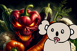 On the left, there is a highly detailed, menacing depiction of a red bell pepper with a face that resembles a demonic figure. The bell pepper has glowing eyes and a mouth that suggests it’s alive and possibly evil. It’s surrounded by other vegetables such as green bell peppers, cauliflower, and carrots, all portrayed realistically. On the right, there’s a cartoonish drawing of a koala with a surprised expression, sticking out its tongue.