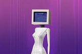 Digital fashion fusion concept showcasing a mannequin dressed in a white, grid-lined dress with a vintage computer monitor for a head, representing the integration of 3D technology in modern fashion retail against a vibrant purple background, symbolizing the step towards futuristic digital retail solutions with Designhubz.