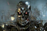Terminator robot in post-apocalyptic landscape
