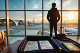 Silhouette of a man overlooking an airport tarmac. Behind him is an open tag containing a passport and various other identity documents.