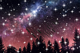 stylized night sky scene, with stars and trees