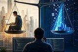 Alt text: A developer faces a giant scale weighing human labor against glowing streams of AI tokens and code, suggesting the shifting economics of software development