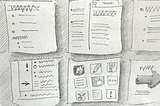 Pencil sketch of six roughly drawn squares with different note and task configuations in each. One box contains nine app icons.