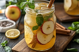 Brazilian Mounjaro Recipe with Apple Cider Vinegar — Light herbal drink with lemon, ACV, and ginger root on a wooden board.