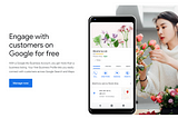 A lady with a vase of flowers beside the smartphone showing Google Business