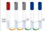 A diagram showing a series of 6 test tubes. We pipetted solution between test tubes and added water to dilute further.