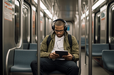 man listening to headphones and reading an e-book in a subway car