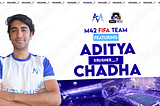 A photo of Aditya, M42 Esports FIFA team athlete. The logo of M42 Esports and Epic Meta can be seen