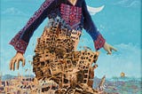 Imaad Abu Shttayah the self-taught artist frequently personifies Palestine in the form of a woman, seen as the gatekeeper of Palestinian culture, and usually wearing a Thobe, an embroidered traditional dress that has come to represent pride in Palestinian heritage. In We shall return, the woman’s human form blends almost seamlessly with Gaza’s devastation, in a striking fluidity that is reminiscent of Dali or Goya’s surrealist approaches. Her body, turned, seems to prepare for imminent mot