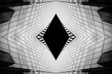 Abstract black-and-white architectural image with mirrored geometric lines converging toward a dark central space, symbolising hidden structures, paradigms, and the unseen patterns that shape how people interpret reality.
