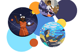 Illustration of young people using virtual reality headsets to cook in kitchen, explore outer space, and explore the ocean