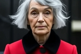 A middle-aged woman with grey hair, wearing a red coat with a black collar