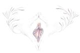 A drawing of a vulva surrounded by a hand gesture that resembles the womb.