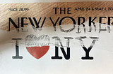 Illustration/collage showing the top of the New Yorker masthead and the bottom of the “I Heart NY” logo. The missing sections reveal a blurry pencil rending.