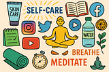 Uma colagem digital colorida e vibrante que mistura imagens associadas ao bem-estar e autocuidado (como uma pessoa meditando em posição de lótus, produtos de skincare, garrafa de água, tapete de yoga, cronômetro, folhas e frutas) com ícones de redes sociais (Instagram, Twitter, Facebook, YouTube). Tudo disposto de forma meio caótica e desordenada, como se fosse um painel de referências exagerado.