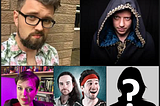 Pictures of all the panelists for the Comedy in Games panel at UKGE. Grant Howitt is a white man with short brown hair and thick rimmed glasses. John Gracey is a white man wearing a hooded cloak and looking mysterious. Yvris Burke (that’s me) is a white woman with short brown hair and red lipstick. Ed Jollyboat is a white person with long brown hair and a beard. There’s an additional thumbnail showing a silhouette of a person with a question mark representing the mystery guest.