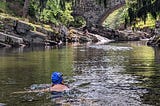 A swimmer in a blue hat swims along a sunny river as another swimmer sits under a bridge on a stone bank