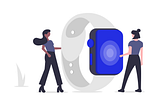 Two women stand in front of Apple Watch