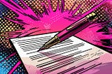 Pop art illustration of a fountain pen writing on a piece of paper. The pen and paper are pink. There is a pink explosion of color in the background.