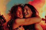 photo of two women happily hugging each other, skynet robots carrying guns all around them, dramatic scene and colors, fire, AI image created by henrique centieiro and bee lee on midjourney