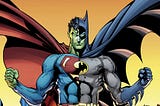 An image of half of Batman and half of Superman, put together to make one superhero. It’s SuperBat!