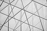 An abstract mono-tone photograph of a web of interconnected threads crossing at many angles, of different thicknesses and luminosities.