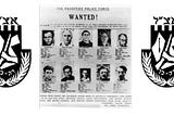 A British Palestine Police wanted poster showing images of ten terrorist suspects, including Menachem Begin (top left). Image flanked either side by the Irgun logo depicting a map of Mandatory Palestine & the Emirate of Transjordan, a rifle and the acronym “Etzel” is written above the map, and “raq kach” (“only thus”) is written below.