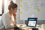 Startup founder at a desk reviewing prior-art results on an AI patent search agent, with prototypes and an IP strategy whiteboard in the background.