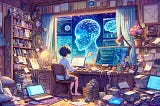Imagine a scene where a human character, filled with determination and curiosity, is embarking on the journey of learning artificial intelligence skills. The setting is a cozy, yet futuristic study room with a large window showing a digital landscape symbolizing the vast world of AI outside. The character is seated at a desk cluttered with books, notes, and a laptop displaying code and AI algorithms. Above the desk, digital screens float, showing graphs and neural network diagrams. The style is