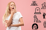 Photo of a white woman who is tired of the race agenda. The woman is yawning, with her eyes closed. In front of her are various graphics indicating the oppression of black people and people of colour