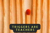 Matches in a row. The first few are burnt. Then an unburnt one is lower than the rest — causing the chain reaction of burning to stop. Following that, more unburnt matches — showing the power of stepping away. Caption text reads: “Triggers are teachers”.